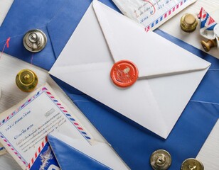 Mail and correspondence featuring elements like envelopes, stamps, and letters representing communication, delivery, and documentation.
