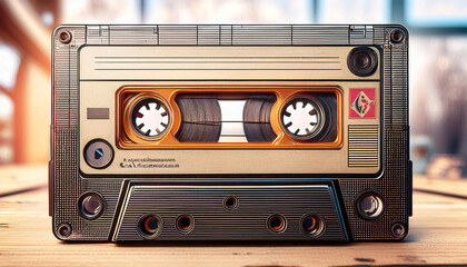 Obraz premium Close-Up Depiction of an Old Audio Tape Compact Cassette with Retro Design