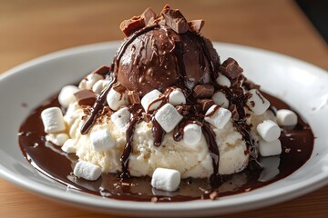 Chocolate dessert with ice cream and marshmallows