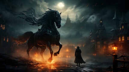 Fototapeta premium Dramatic cloaked figure watching a fiery horse in a dark and atmospheric setting against a mystical backdrop with copy space
