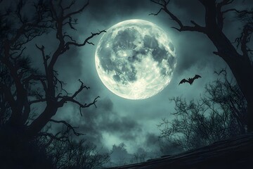 Fototapeta premium Moonlight night with bat silhouette in eerie forest 