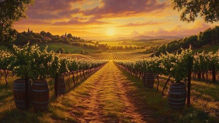 Obraz premium Majestic Vineyard Sunset Landscape with Rolling Hills and Winding Path