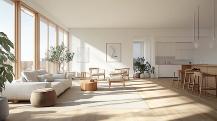 Scandinavian living room, light wood floors, white walls, minimalist furniture, large windows letting in natural light, cozy textiles, clean and airy atmosphere