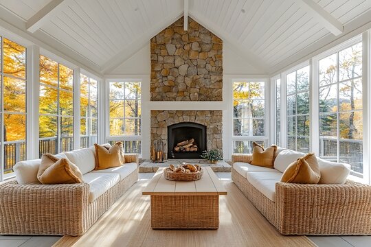 Cozy sunroom with autumn view 