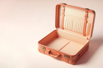 An open suitcase of light color on a light background. Space for text.