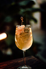 Coctel en copa elaborado por un mixologo/bartender