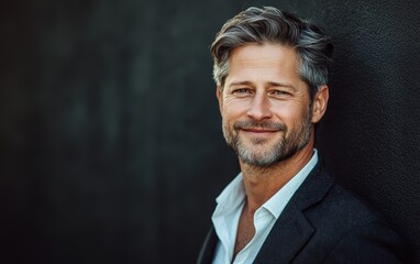 Obraz premium A man with a well-groomed beard and stylish hair smiles warmly while leaning against a dark wall in an urban environment