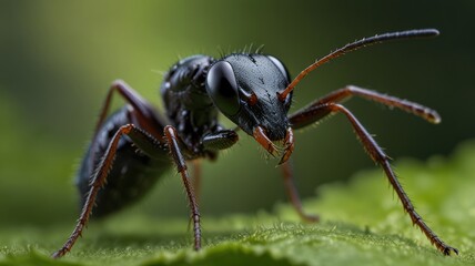 Naklejka premium A close-up of a black ant standing on a green leaf with its mandibles open.