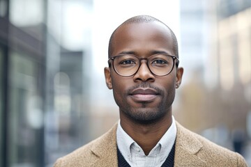 Fototapeta premium A man stands confidently outdoors in a city, showcasing a smart outfit with glasses, radiating professionalism and poise