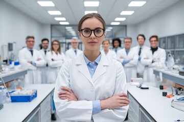 Fototapeta premium Confident Female Scientist Leading a Team in a Laboratory