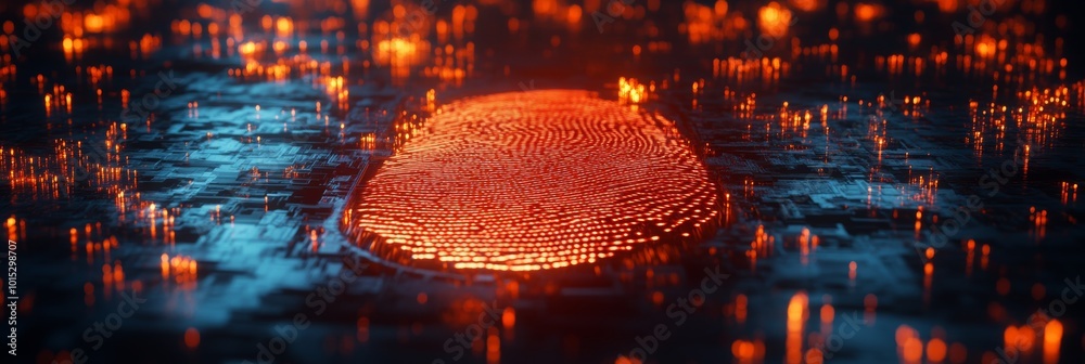 Poster futuristic fingerprint identity, digital security background with glowing binary code