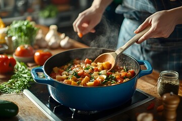 Cooking vegetable stew in kitchen 