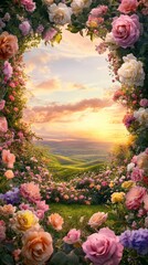 A vibrant sunset framed by colorful roses in a lush garden landscape.