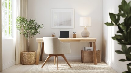 Fototapeta premium The workspace showcases a clean desk with a laptop and decorative plant, illuminated by soft sunlight through a window, emphasizing a calming atmosphere ideal for productivity and inspiration.