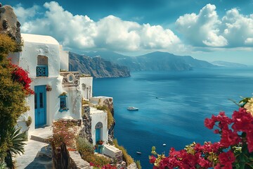 Fototapeta premium Santorini coastal view with colorful architecture and flowers