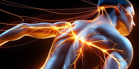  Human Nervous System Highlighting Spine and Nerve Pathways , Medical and Anatomical Representation of Neurology and Health Science