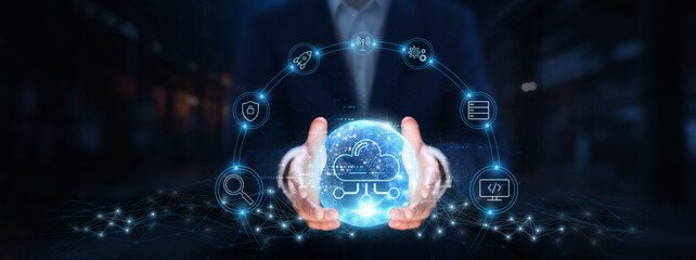 Cloud Computing: Businessman hands hold global cloud computing technology, scalability,...