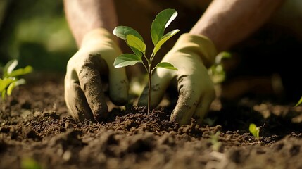 Person planting trees in community garden to promote local food production. Concept Community Garden, Tree Planting, Local Food Production, Sustainable Practices