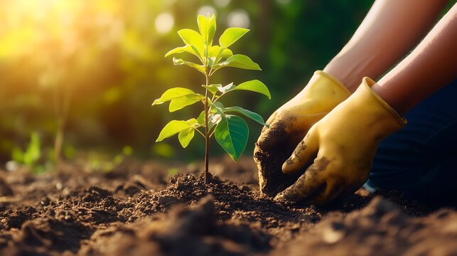 Person planting trees in community garden to promote local food production. Concept Community Garden, Tree Planting, Local Food Production, Sustainable Practices