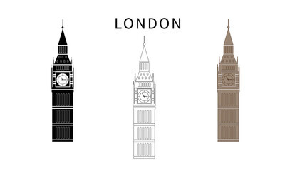 big ben vector set- silhouette, outline, and colored version