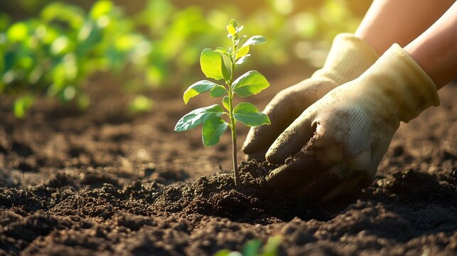 Person planting trees in community garden to promote local food production. Concept Community Garden, Tree Planting, Local Food Production, Sustainable Practices