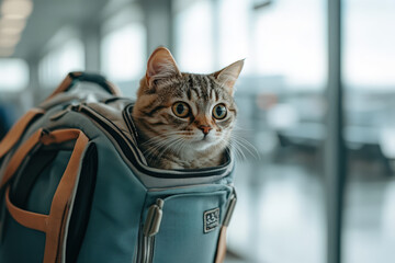 Curious tabby cat is peering out of a blue pet carrier backpack at a busy airport terminal