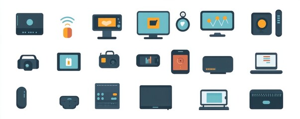  illustration of modern technology and electronic devices including computers, monitors, and various gadgets in flat design style