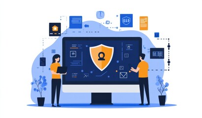 Fototapeta premium Illustration of two people discussing cybersecurity concepts on a large computer screen surrounded by digital icons and technology symbols in a blue-tone theme