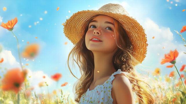 W promieniach letniego słońca, piękna dziewczyna stoi na łące, otoczona bujną zielenią i kwitnącymi kwiatami. 