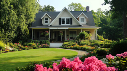 Fototapeta premium Klasyczny dom, którego elewacja utrzymana jest w ciepłych odcieniach beżu i bieli. Wokół niego znajduje się urokliwy ogród kwiatowy, wypełniony kolorowymi roślinami.