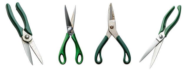 four pairs of different scissors with green handles transparent background