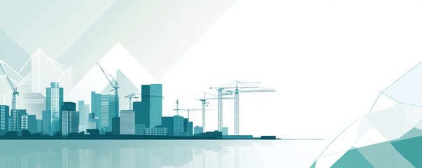 Obraz premium Modern minimalist corporate background featuring a city skyline and construction cranes at sunrise, symbolizing urban development and innovation