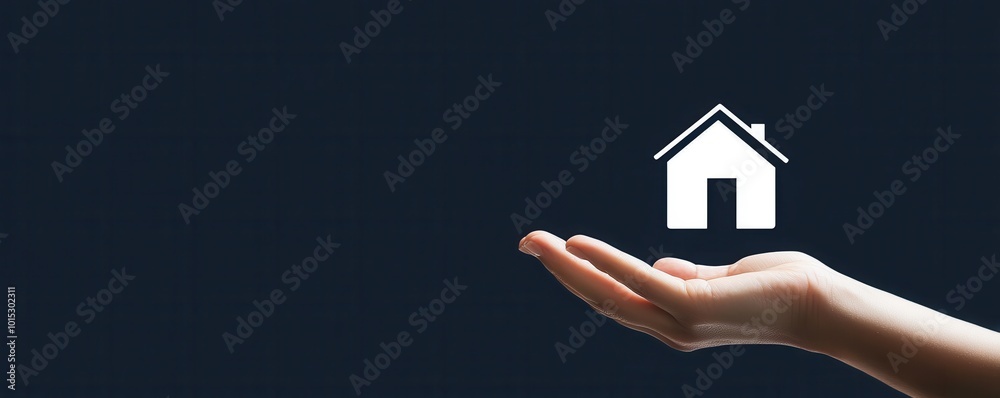 Poster Businessman's hand presenting a glowing house icon representing real estate investment and home ownership