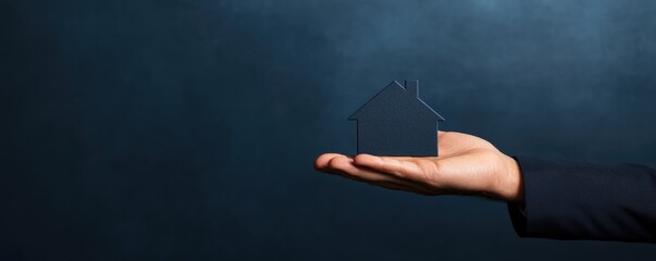 Businessman's hand holding a glowing house icon symbolizing real estate investment and property management on a dark background