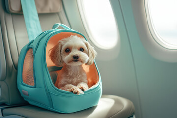 Small dog is traveling safely and comfortably in a special carrier bag on an airplane seat, enjoying the journey to a new destination
