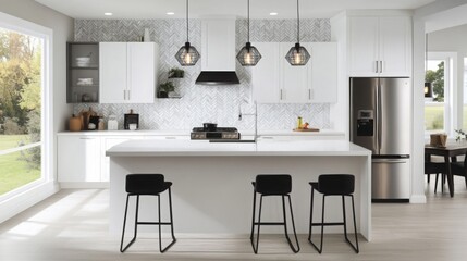 A contemporary kitchen showcases a bright, open layout featuring stylish cabinetry, a spacious island with seating, and elegant lighting, emphasizing a clean and inviting atmosphere.