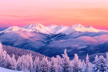 Snowy mountain range at sunrise with pink and purple sky, pine trees in foreground, and soft light over the landscape