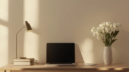 A minimalist workspace featuring a laptop with a black screen, a desk lamp, a vase with white flowers, books, and stationery on a wooden desk against a light beige wall.