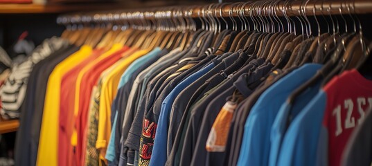 Fototapeta premium A closet full of hanging shirts with space for text and promotional offers on the side
