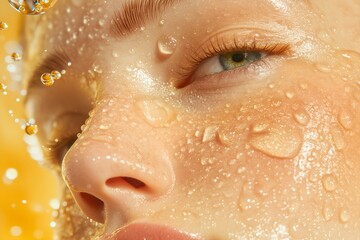 Fototapeta premium Water hydration beauty, skincare face moisturizer, serum and oil product in golden sunlight. Banner with copy space. skincare product on facial skin. Natural beauty and cosmetic concept.