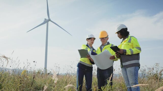 View from below of group of multi-ethnic people standing together in middle of large field. Holding tablet devices and large piece of paper. Observing physical map. Expanding company business.