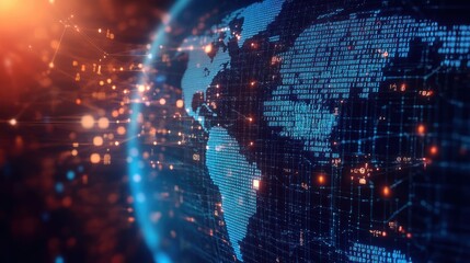 Abstract digital world map on blue background with binary code and global network connection technology concept, data transfer and cyber security in the cyberspace