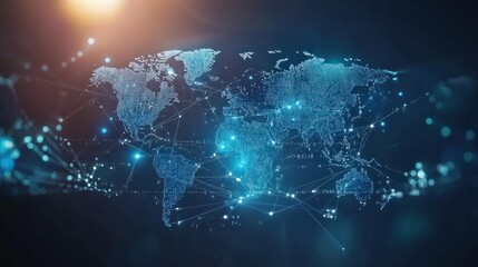 Abstract digital world map on blue background with binary code and global network connection technology concept, data transfer and cyber security in the cyberspace