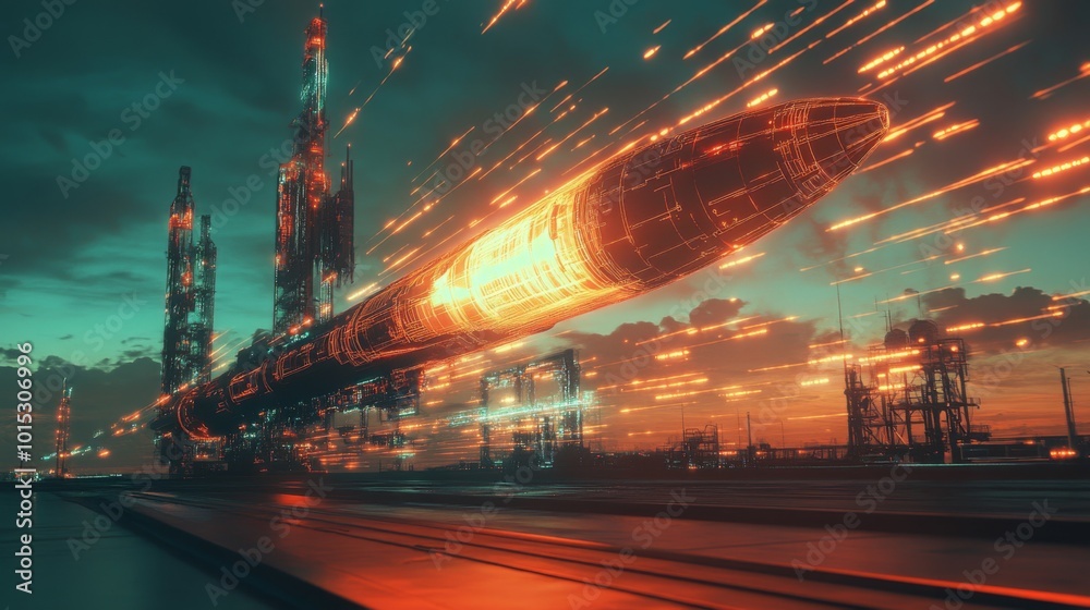 Poster the image depicts a futuristic scene of a large, glowing rocket taking off from a launchpad. the roc