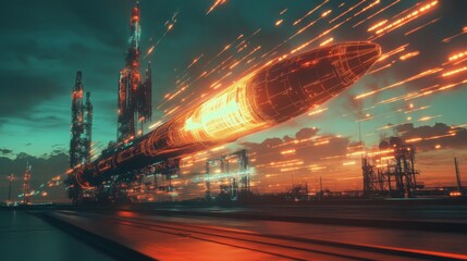 The image depicts a futuristic scene of a large, glowing rocket taking off from a launchpad. The rocket leaves a glowing trail of orange light as it ascends into the sky