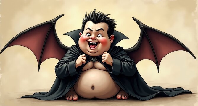 A goofy, chubby vampire with tiny bat wings and oversized fangs, tripping over his long cape while smiling charmingly. His slicked-back hair adds to the comical look of a vampire who's more likely to 