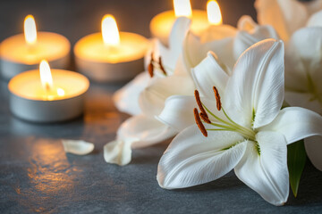 White lilies are lying on a table with burning candles in the background, creating a somber and respectful atmosphere