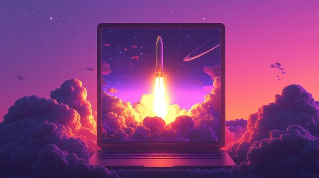 An illustration of a laptop screen displaying a space rocket launch view, Launching Space Rocket From Laptop Screen. Generative AI