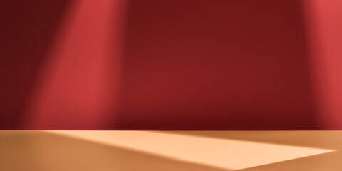 Obraz premium Empty table on red, pink color background with natural shadow on the wall. Mock up for food, branding products, presentation, perfumes or health care.. 