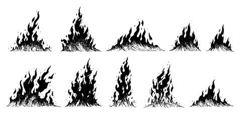 Set of hand drawn fire flames, isolated on white background. Vector illustration.

